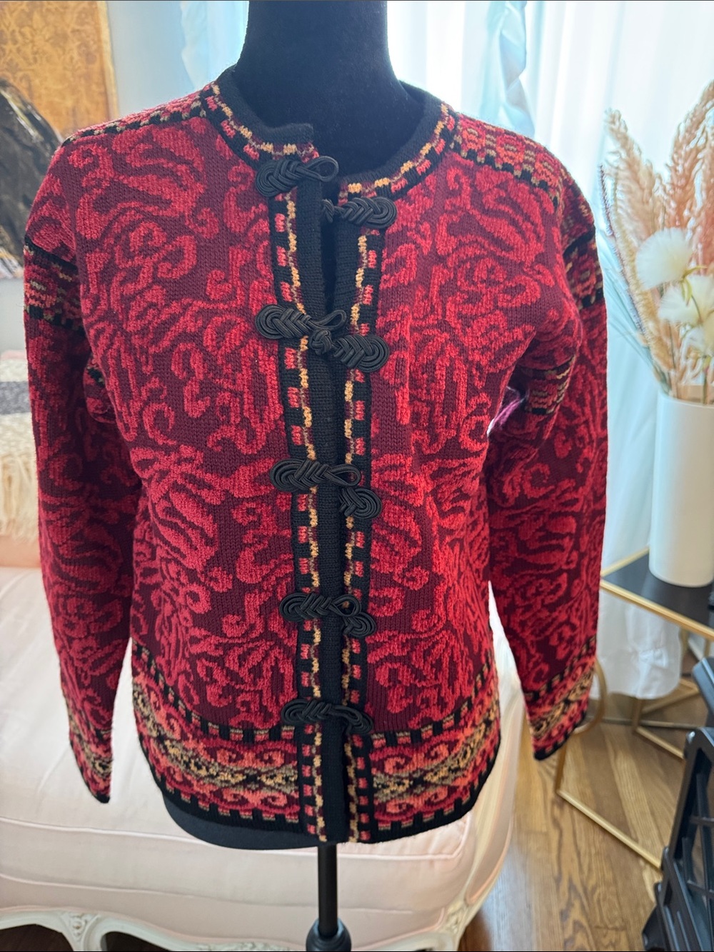 Women's Red Patterned Knit Jacket with Decorative Frogs